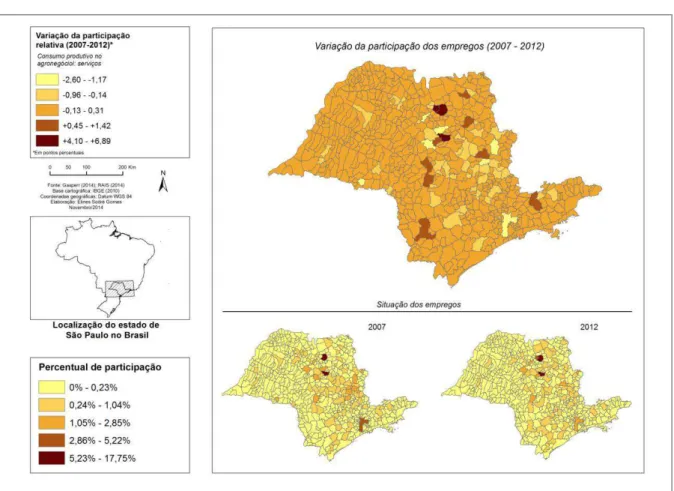 Figura 6 - Municípios de São Paulo. Participação percentual e variação da  participação relativa dos empregos de serviços de consumo produtivo no 