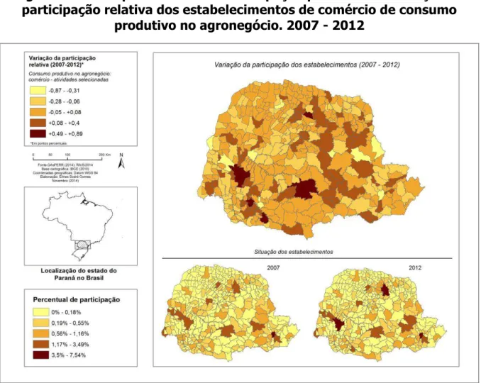 Figura 9 - Municípios do Paraná. Participação percentual e variação da  participação relativa dos estabelecimentos de comércio de consumo 