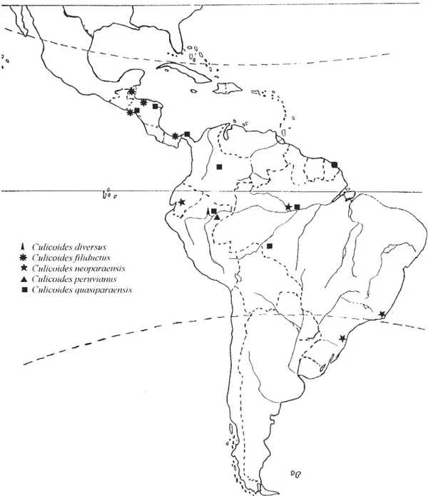 Fig. 24: distribution of Culicoides diversus, C. filiductus,  C. neoparaensis,  C. peruvianus, and C