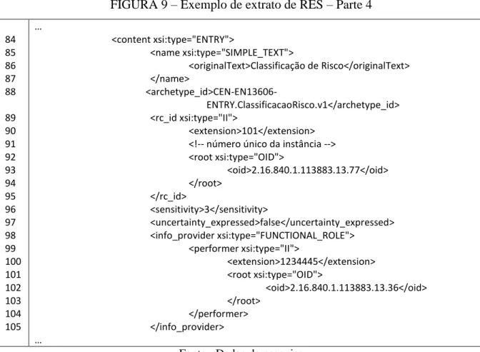 FIGURA 9  – Exemplo de extrato de RES – Parte 4  84  85  86  87  88  89  90  91  92  93  94  95  96  97  98  99  100  101  102  103  104  105  …  <content xsi:type="ENTRY">  <name xsi:type="SIMPLE_TEXT">  <originalText>Cla