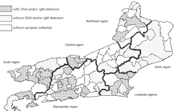 Fig. 2: geographical distribution of results for IgM or DNA detection in sera collected in different municipal districts of the state of Rio de Janeiro.