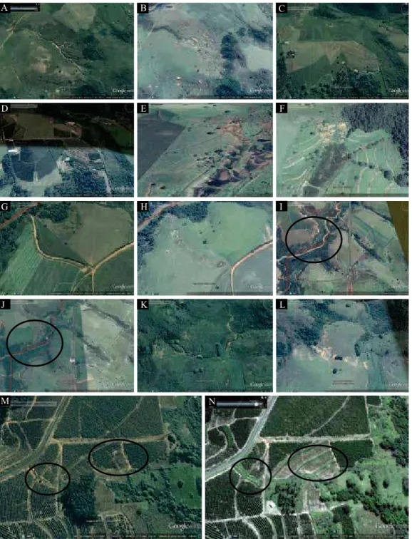 Figura 3. Imagens da área de estudo antes da implantação do projeto (A, C, E, G, I, K e M, imagens de 12/5/2002 pelo  Google Earth) e depois da implantação de práticas de conservação do solo (B, D, F, H, J, L e N, imagens de16/8/2013  obtidas pelo Google E
