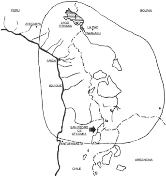 Fig. 1: map of the Atacama Desert and circum-Titicaca region, indicating the approximate location of the San Pedro de Atacama oasis (modified from  Berenguer &amp; Daueslberg 1989).