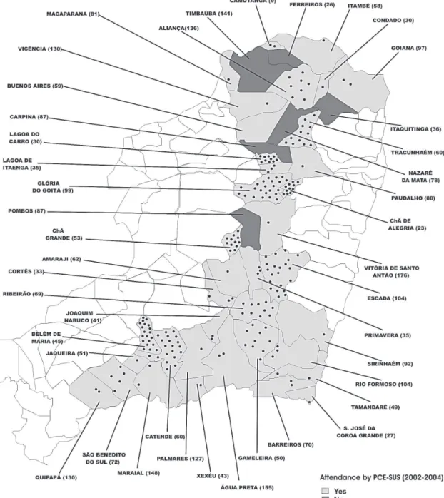 Fig. 1: localities (circles) with coverage by the Program for Schistosomiasis Control within the Inified Healt System (PCE-SUS) of at least 55 exams from 2003 to 2004 in the municipalities of the Rainforest Zone (“Zona da Mata”) of the state of Pernambuco,