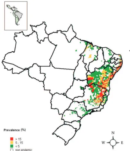 Fig. 1: schistosomiasis distribution, according to level of prevalence, by municipality