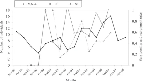 Fig. 1: population sizes, survivorship, and recruitment rates of Nectomys squamipes along time during four-years at Encanto, Sumidouro, state of Rio de Janeiro, Brazil; M.N.A.: population sizes; Rt: recruitment; St: survivorship.