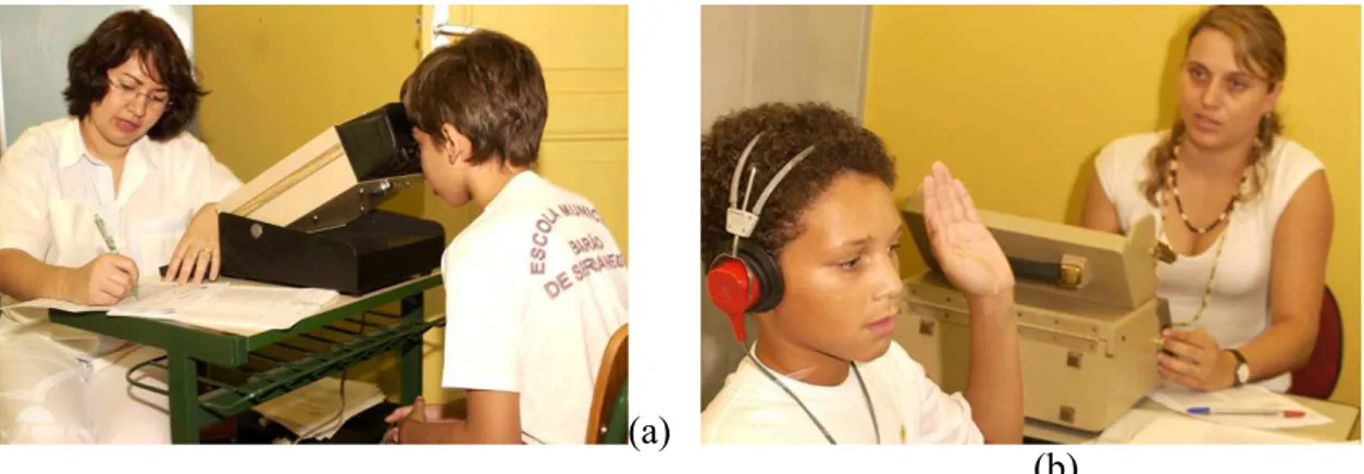 FIGURA 1.2    Exame  de  (a)  triagem  da  acuidade  visual  e  (b)do  limiar  auditivo  que  mesmo  utilizando  equipamentos mais modernos tem seus resultados anotados em papel