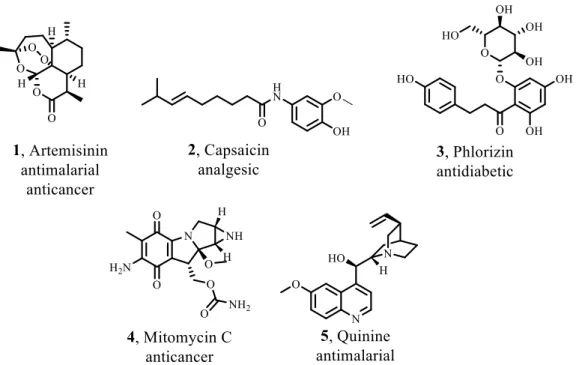 Fig.  1.1 – Chemical structures of natural products with different biological targets (1-5)