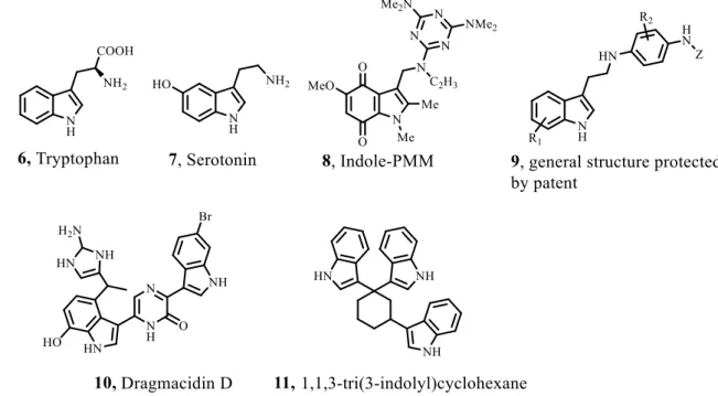 Fig.  1.2 – Natural products and drugs with indole-derivative scaffolds 6-11. 