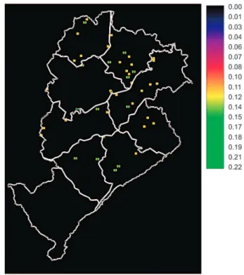 Fig. 2: average of canine leishmaniasis cases between April 2001 and March 2002 in Belo Horizonte, obtained by the filter of mobile average (3 × 3 pixels) of the software IDRISI32.