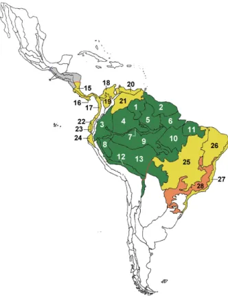 Fig. 1: province biogeography of the Neotropical region and the distribu- distribu-tion of Rhodnius spp