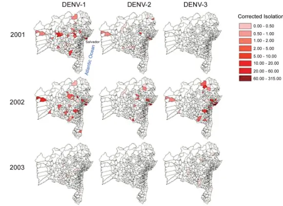 Fig. 2: comparison of yearly intensity of dengue virus serotypes circulation (DENV-1, 2 and 3) 2001 - 2003 in Bahia, Brazil