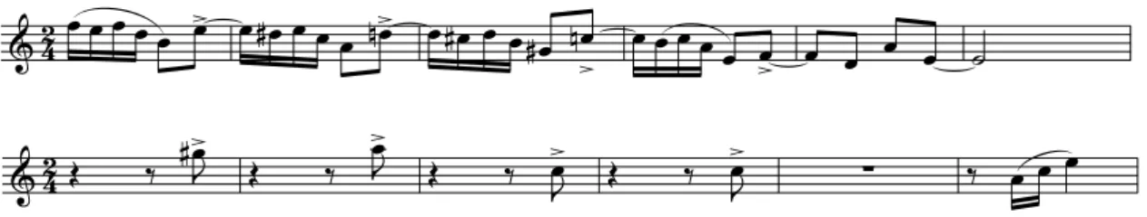 Fig. 20 Frase do saxofone soprano e acentuações do primeiro trompete do compasso 3 a 8
