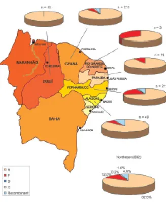 Fig. 3: geographic distribution of human immunodeficiency virus type-1 subtypes in the Northeast Region, 2002 to 2004.