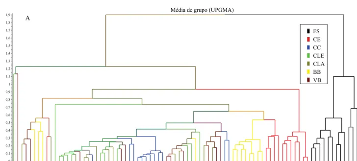 Figura 2. Análise multivariada dos atributos químicos dos solos das diferentes unidades da paisagem do Pantanal, na sub- sub-região da Nhecolândia, no Mato Grosso do Sul, obtido por meio de: A, dendograma obtido por método de ligação média  entre grupos (U