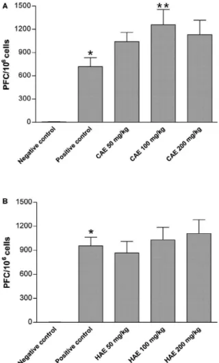 Fig. 2: effect of Alternanthera tenella cold aqueous extract (CAE) (A)  or hot aqueous extract (HAE) (B) extracts on mice spleen cellularity