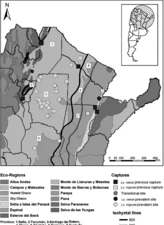 Fig. 1: phlebotomine capture site locations in Chaco region, Argen- Argen-tina, during 2000-2007, along with previous captures cited in the  dis-cussion, according to the species prevalence diversity pattern.