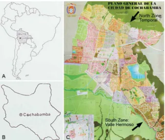 Fig. 1: map of Soth America (A), showing the location of Bolivia, depart- depart-ment and city of Cochabamba (B) and the two studied areas (C) of Velle  Hermoso and Temporal, in the South and North zones, respectively.