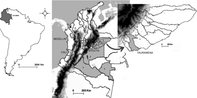 Fig. 1: geographical position of Colombia and national departments with Lutzomyia fairtigi reports