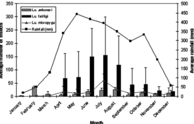 Fig. 3: monthly average numbers of the three most frequent Lutzomyia  sand flies (with standard deviation) captured in the two years [March  1996 to February 1997 (1st year) and August 1997 to July 1998 (2nd  year)]  and  monthly  average  rainfall  report