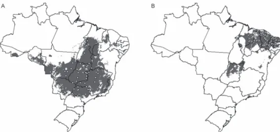 Fig. 1: predicted geographical distribution of Rhodnius neglectus (A: after Gurgel-Gonçalves &amp; Cuba 2009) and R