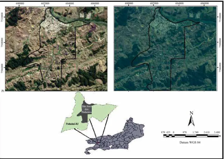 Figura 1. Imagem RapidEye de 17/8/2011, com (à esquerda) e sem (à direita) correção atmosférica, com área da Fazenda São  José do Pinheiro, Pinheiral, RJ, delineada em preto