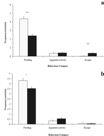 Fig. 8. Variation of behaviour patterns between before (8h00)  and after (9h00) the first disturbance of tourists in the river  (mean and SEM) for M