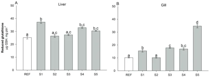 Fig. 4.  Content (mean ± SEM, n = 8) of glutathione in liver (A) and gills (B) of A. altiparanae exposed in situ for seven days  in five sites along Água das Araras stream (S1, S2, S3, S4, and S5) and in a reference site (Ref)