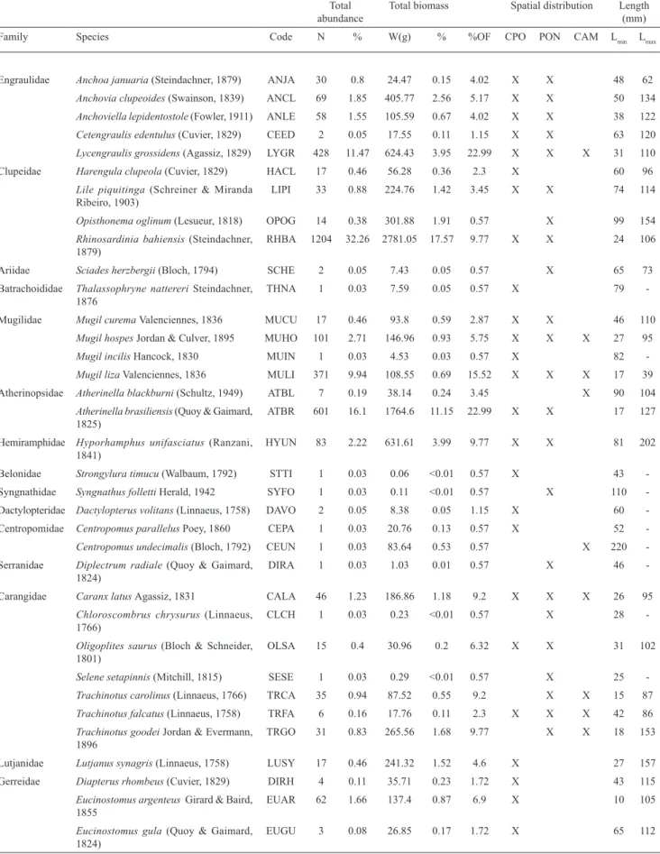 Table 2.  Numerical abundance, biomass, frequency of occurrence, spatial distribution and maximum and minimum length  of fish species captured on three beaches in the Mamanguape River estuary of Brazil