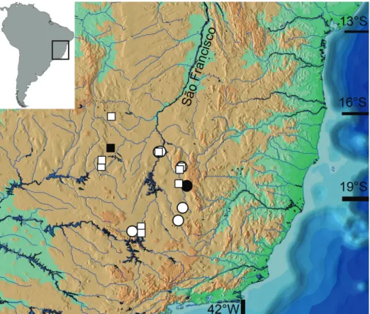 Fig. 4.  Distribution  map  of  the  new  species  of  Bunocephalus   in  the  rio  São  Francisco  basin,  Brazil