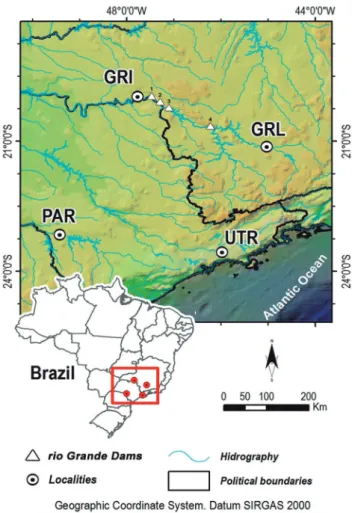 Fig. 1. Sampling sites of Salminus hilarii in the upper rio  Paraná  basin:  rio  Grande  –  Igarapava  (GRI);  rio  Grande– 