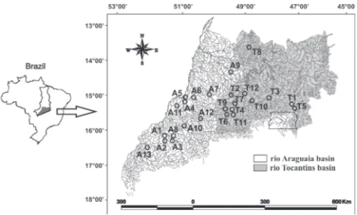 Fig. 1. Locality  of streams sampled in the Araguaia (A1- (A1-A13) and Tocantins (T1-T12) river basins, Central Brazil