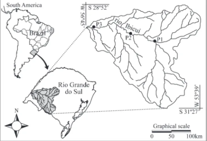 Fig. 1. Map with location of sampling points. P1 = Point 1; 