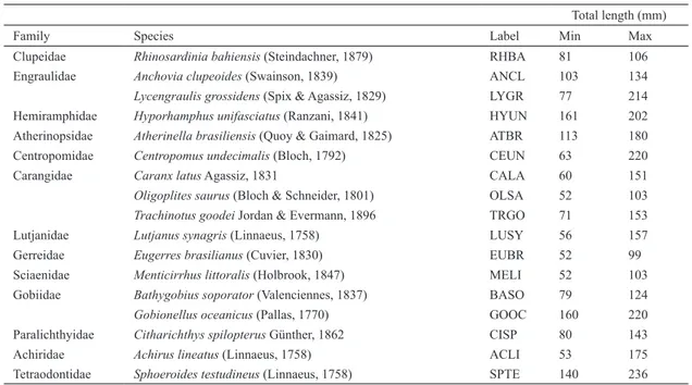 Table 1.  Fish species recorded in the rio Mamanguape estuary (PB), species identifications and range of total length (mm)