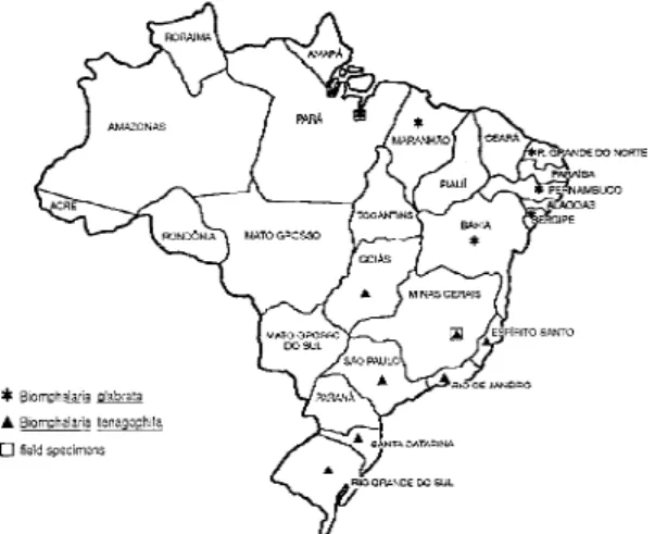 Fig. 1: map of Brazil showing the states of origin of the snails isolates (see Table).