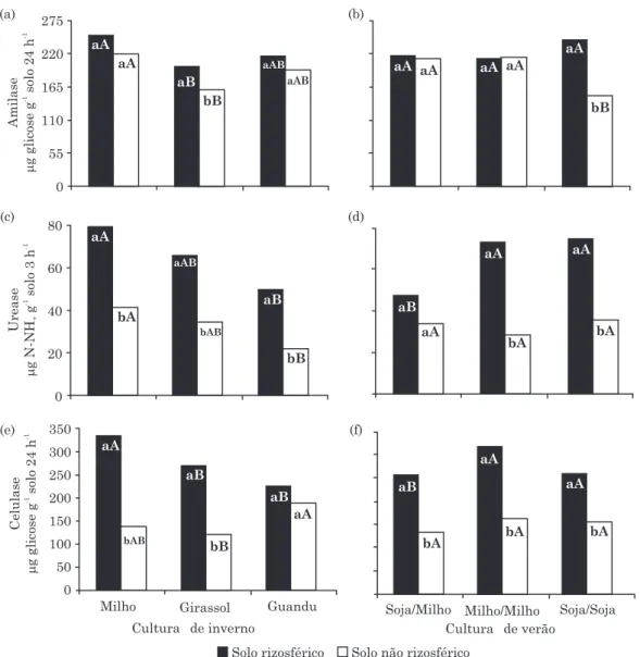 Figura 1. Efeito das culturas de inverno e das sequências de verão em sistema de semeadura direta na atividade das enzimas amilase (a, b), urease (c, d) e celulase (e, f) em solo rizosférico e não rizosférico