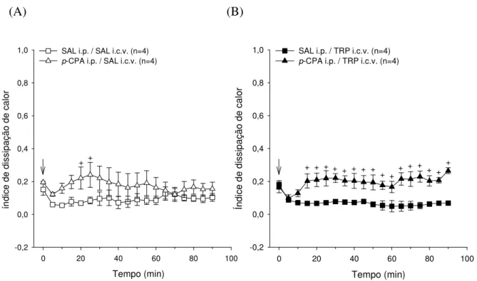 Figura 5.1.2 Efeito da injeção i.c.v. de 2 L de 0,15 M de SAL (A) ou de 20,3  M TRP  (B) sobre o índice de dissipação de calor de ratos não treinados durante o repouso,  pré-tratados i.p