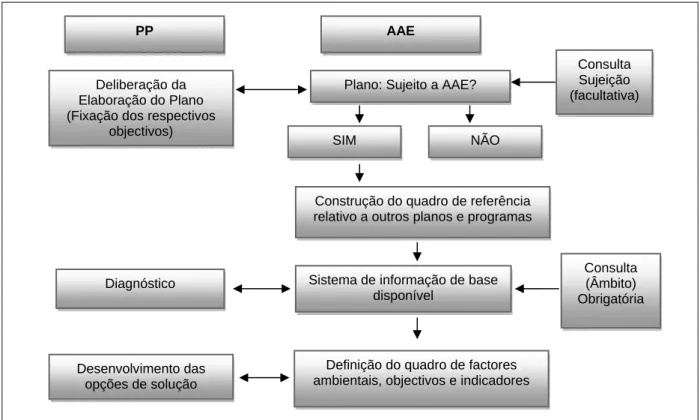 Figura 1 - Articulação entre as fases de um PP e a fase da AAE relativa à definição do âmbito e objectivos da  AAE (adaptado de DGOTDU, 2008) 