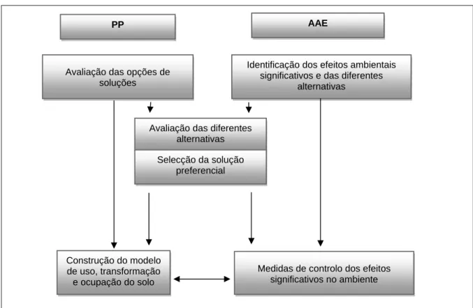 Figura 2 - Articulação entre as fases de um PP e a fase da AAE relativa à identificação dos efeitos  significativos e das opções alternativas (adaptado de DGOTDU, 2008) 