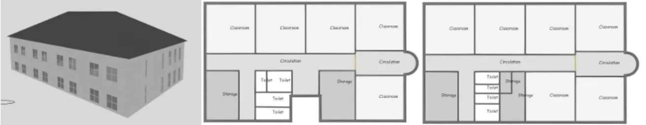 FIG 1. School building model: tri-dimensional overview; ground floor; first floor 