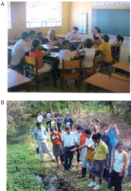 Fig. 3: activities with teachers and students in the classroom (A) and in the field (B)