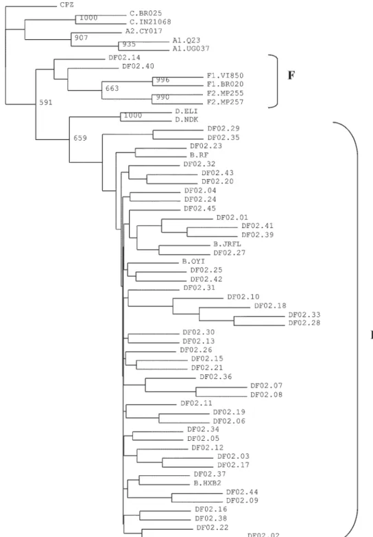 Fig. 1: neighbor-joining protease and reverse transcriptase tree including all specimens sequenced (DF02.n) and indicating the putative subtype of each isolate