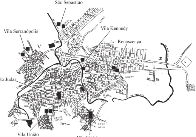 Fig. 1: map of  Porteirinha, state of Minas Gerais (Brazil) with identification of its districts and localization of the sites of phlebotomine captures ( ! )