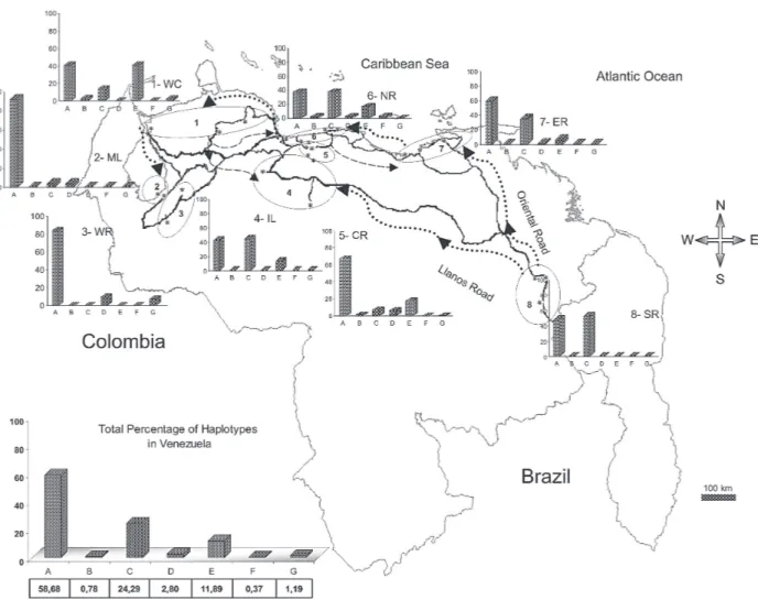 Fig. 1: map of Venezuela showing the eight geographic regions of Aedes aegypti populations