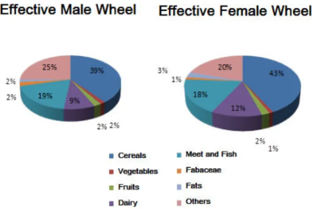 Fig. 3 Percentage of different groups of the Food Wheel in the diet of  the higher education students 