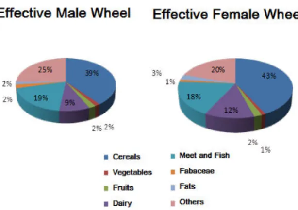 Fig. 3 Percentage of different groups of the Food Wheel in the diet of  the higher education students 