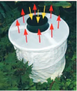Fig. 1: the BG Sentinel-Trap. Mosquitoes flying in trap vicinity are attracted by a dispenser which releases a combination of  compo-nents found in human skin and are captured in the black centered catch bag (yellow arrows)
