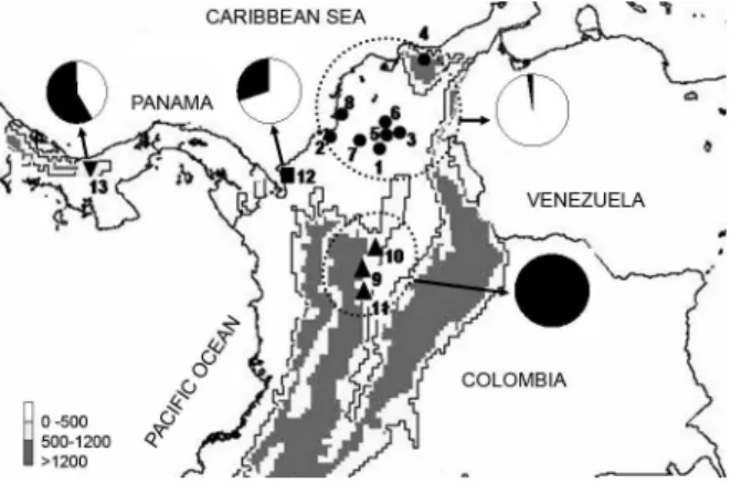 Fig.  1:  location  of  the  collection  sites  of  Rhodnius  pallescens  in   Colombia and Panama