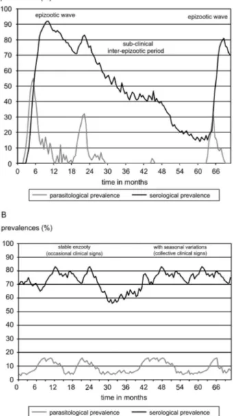 Fig. 4: model of trends in parasitological and serological prevalences  of Trypanosoma  vivax  in  cattle  populations  that  are  exposed  to  (A)  mechanical and (B) cyclical vectors.