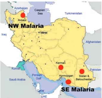 Fig. 1: endemic regions of malaria in Iran. The Northwest (NW) malaria  region includes Ardabil province, and the Southeast (SE) malaria region  consists of Hormozgan, Sistan &amp; Balouchestan, and Kerman provinces.
